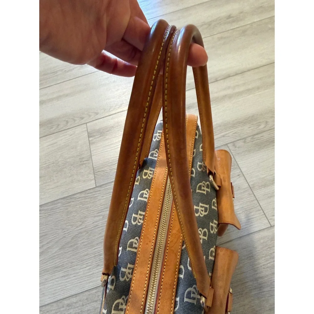 Dooney & Bourke Monogram Leather Satchel Handbag GrayTan Latch Pockets Vintage